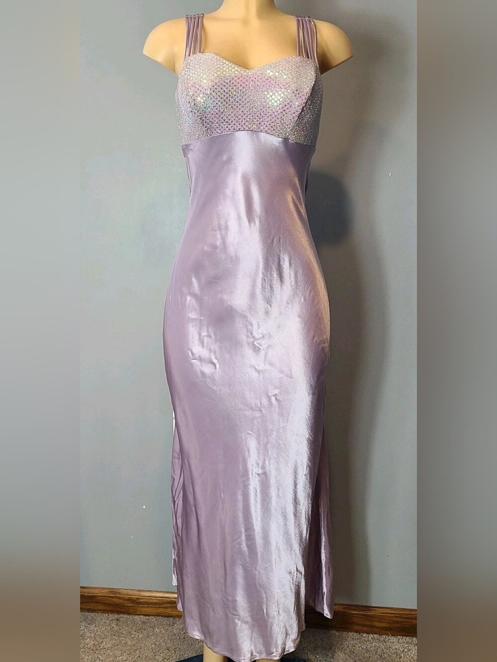 Lilac Satin Evening Gown with Embellished Bodice